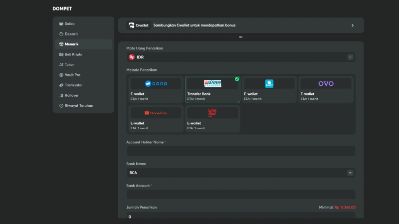 Langkah 2 Pilih Metode Withdrawal Dan Isi Data Rekening Anda - BC Game Indonesia